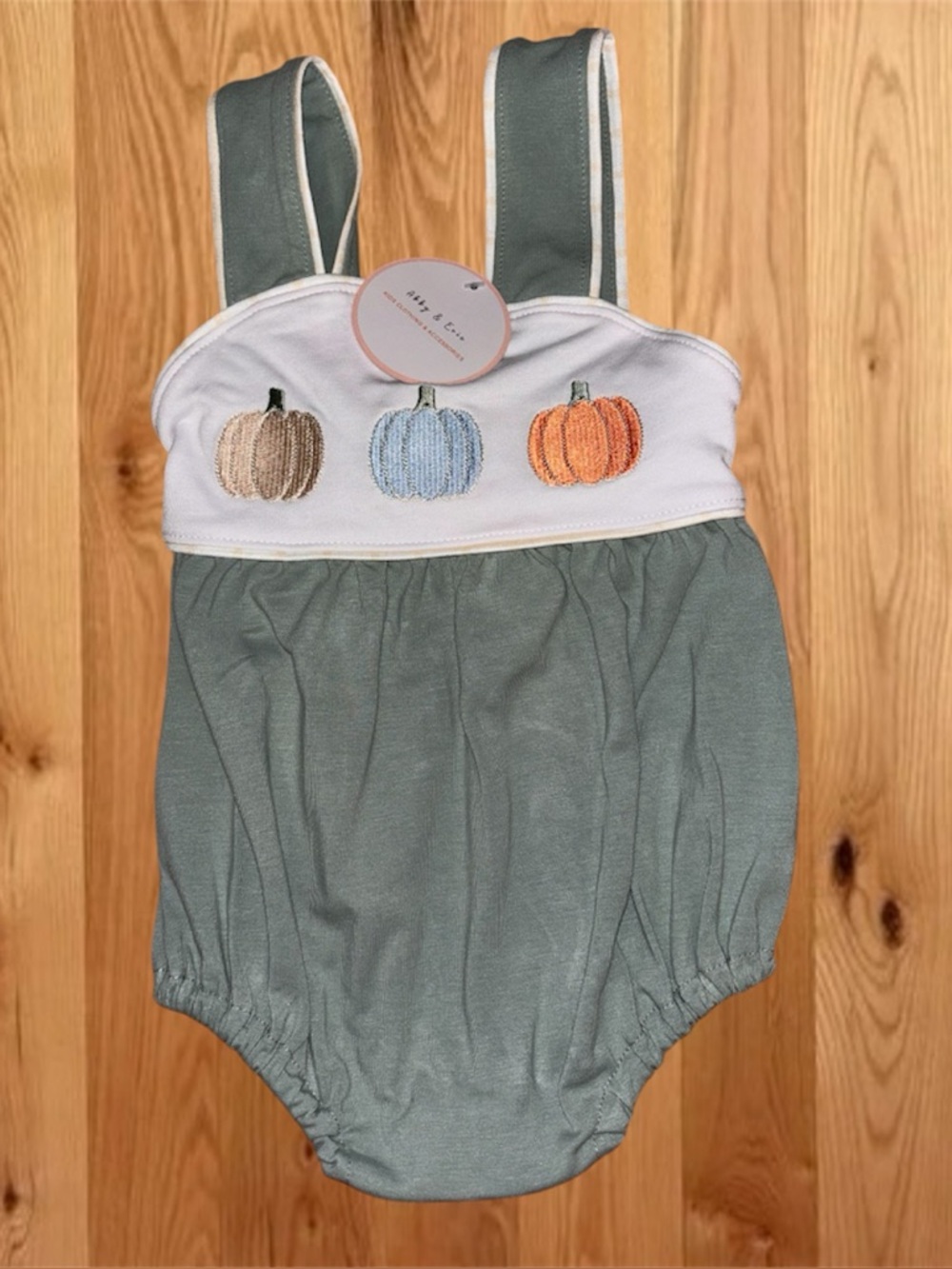 Boys Pumpkin Embroidered Romper - Sage Green & White